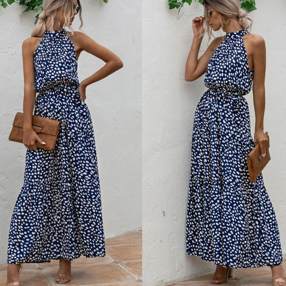 Elegant Blue and White Polka Dot Maxi Dress - Picture 3 of 3